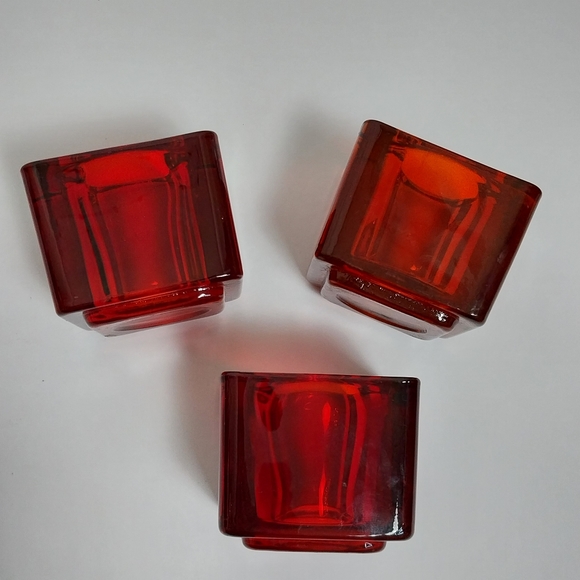 Vintage Mid Century Votive Candle Holders Ruby Cadmium Red Cube Art Glass - Picture 7 of 8